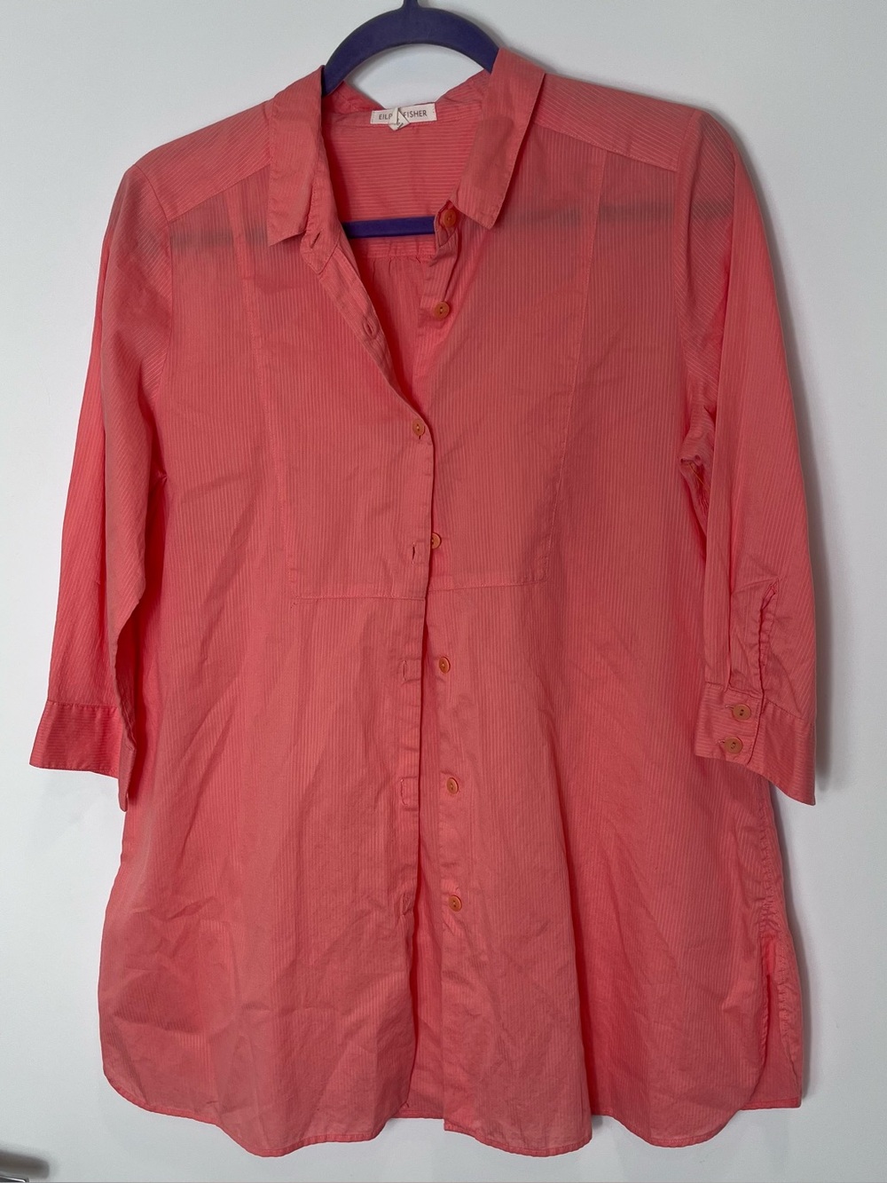 Eileen Fisher‎ Coral Button-Front Cotton Tunic Blouse 3/4 Sleeve Small Quiet Lux
